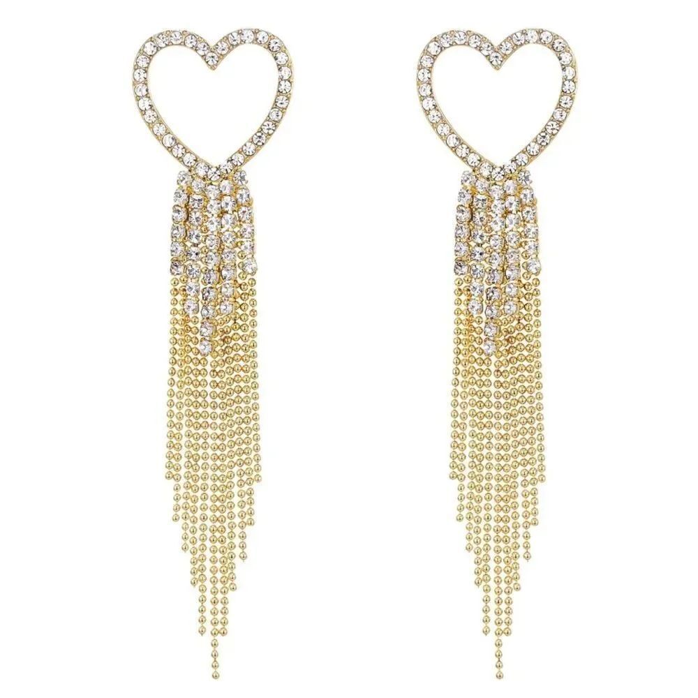Yellow Gold with White Diamond Crystal Heart Beaded Tassel Post Back Earrings